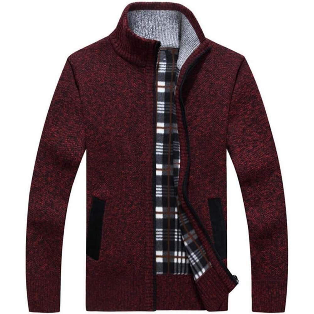 Men Purplered Casual Slim Full Zip Knited Polyester Cardigan Sweater with Pocked